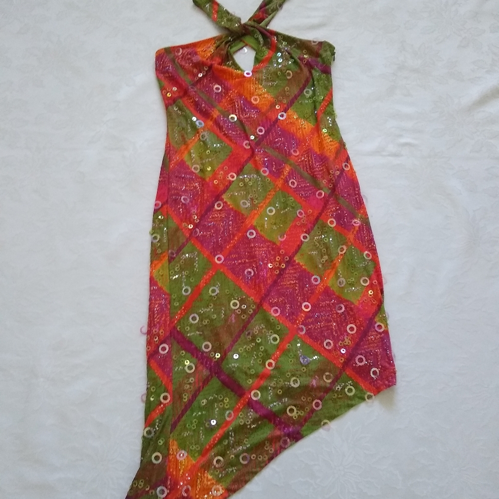 Rare❤️ Silk halter multi color sequins unique Vintage Mary Bays